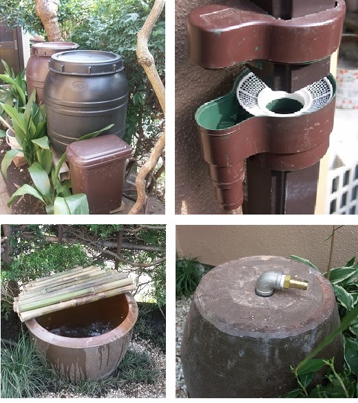 （左上）茶色に塗装されたメインの雨水タンクと給水調整タンク（手前の四角いタンク） （右上）雨樋から取水するパーツも茶色に塗装。 （左下）給水調整タンクのボールタップによって自動給水される植木鉢サブタンク。蚊発生防止のためのふたは竹製。 （右下）植木鉢サブタンクの底面。元は３つあいていた穴をふさぎ、改めてセンターに穴を開け直してL字型の管を取り付けてある。